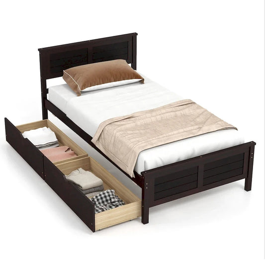 Gymax Twin Size Wooden Bed Frame with 2 Storage Drawers & Under-bed