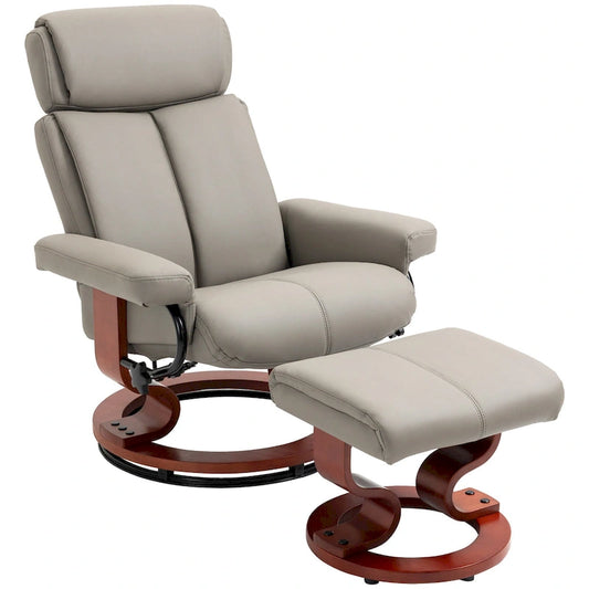 Modern Swivel Recliner Chair PU Leather Lounge Chair with Ottoman, Wood Base and Adjustable Headrest for Living Room, Office