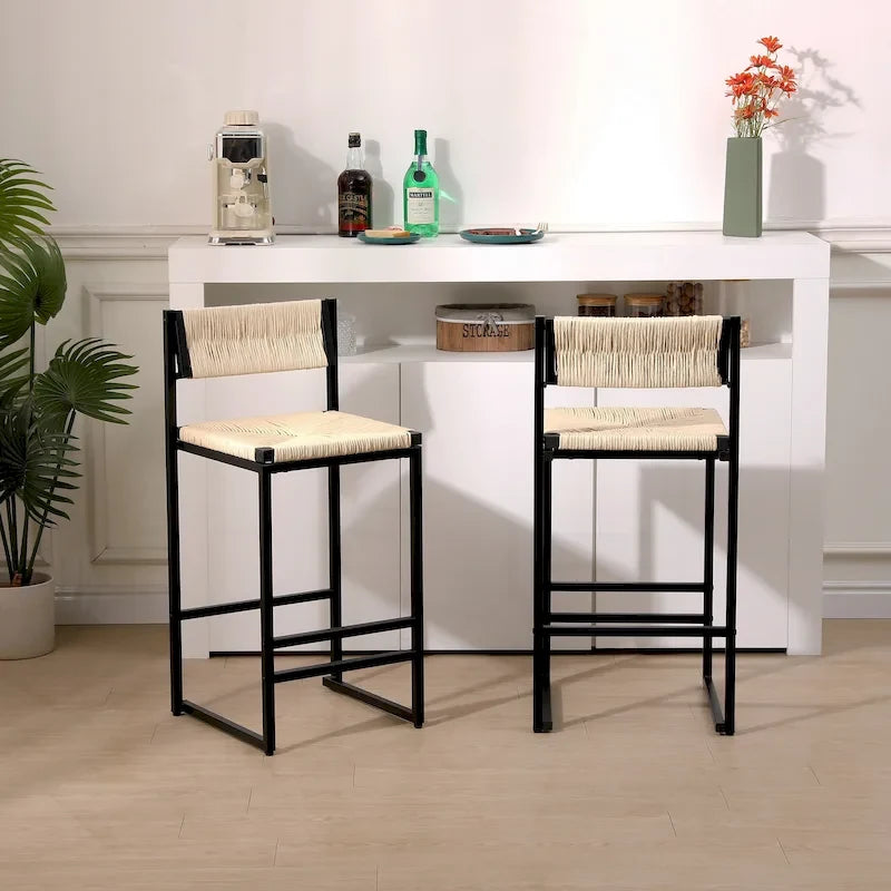 Counter Height Bar Stools Set of 2, Kichen Island Chairs with Back, Armless Dinning Room Chairs with Hand Weave