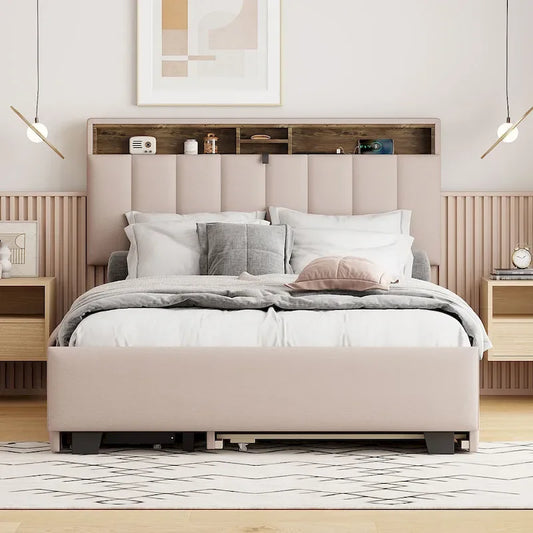 Beige Full Size Upholstered Platform Bed with Storage Headboard,Twin XL Size Trundle and 2 drawers