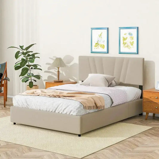 Beige Full Upholstered Platform Bed with Hydraulic Lift Storage and Tufted Headboard - Ideal for All Ages