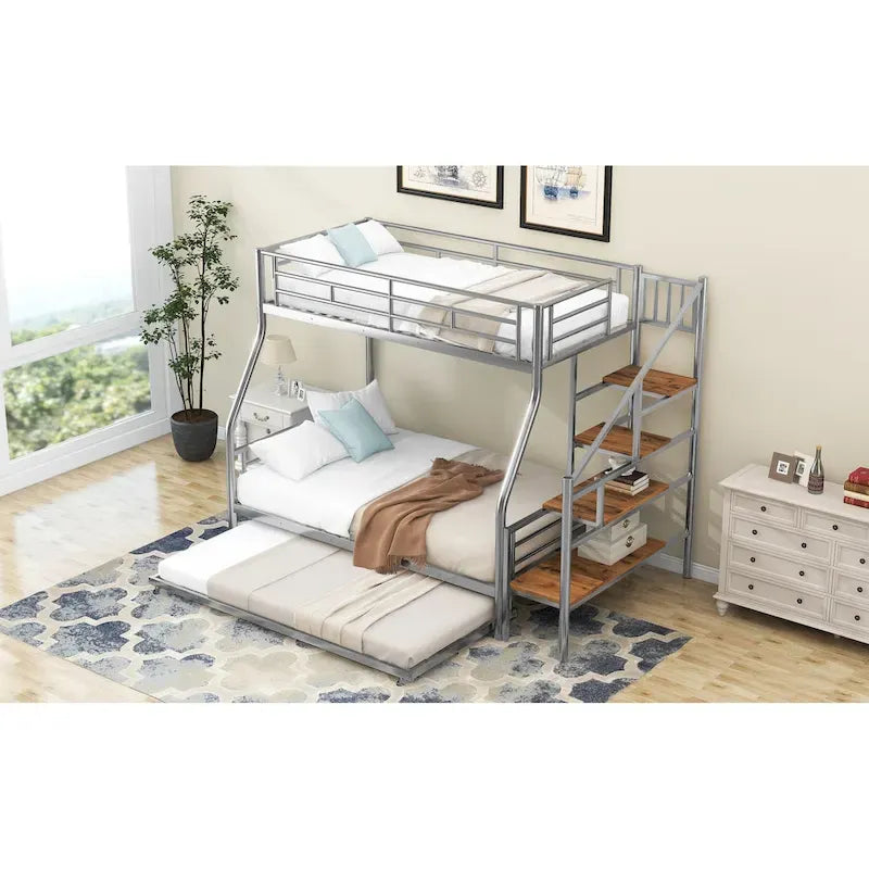 Twin over Full Size Metal Bunk Bed with Trundle and Storage Staircase, Black