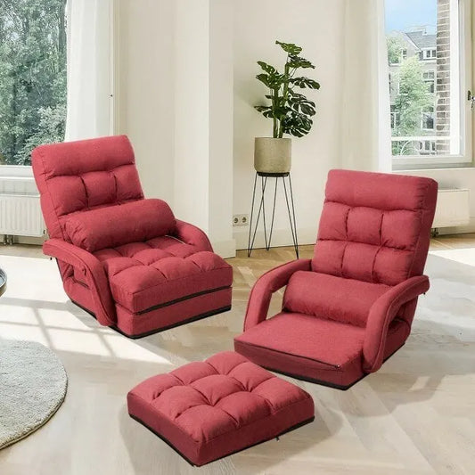 Folding Lazy Floor Chair Sofa with Armrests and Pillow-Red - 22 x 26 x 29 (L x W x H)