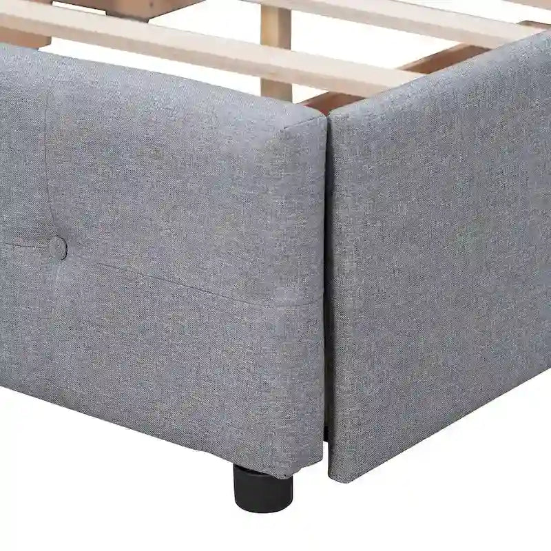 Upholstered Platform Bed with Classic Headboard and 4 Drawers, No Box Spring Needed, Linen Fabric, Queen Size Light Gray