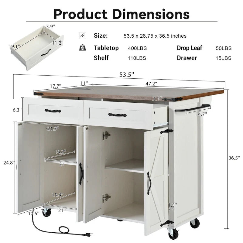 53.5 Farmhouse Kitchen Island with Power Outlet, Drop Leaf & Mobile Storage