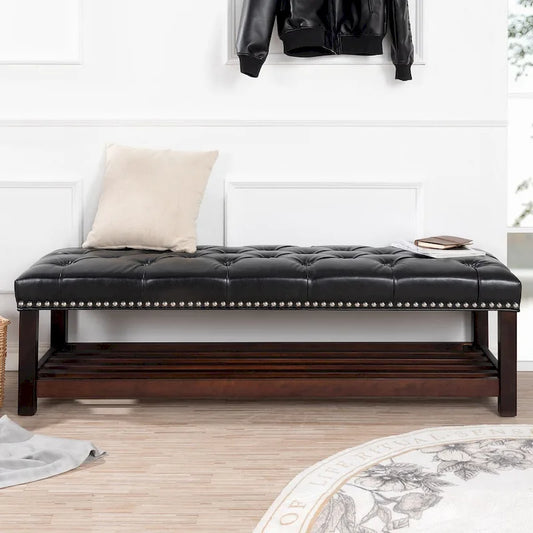 Wooden Base Upholstered Bench for Bedroom for Entryway,60 with Nailhead Trim and Shelf