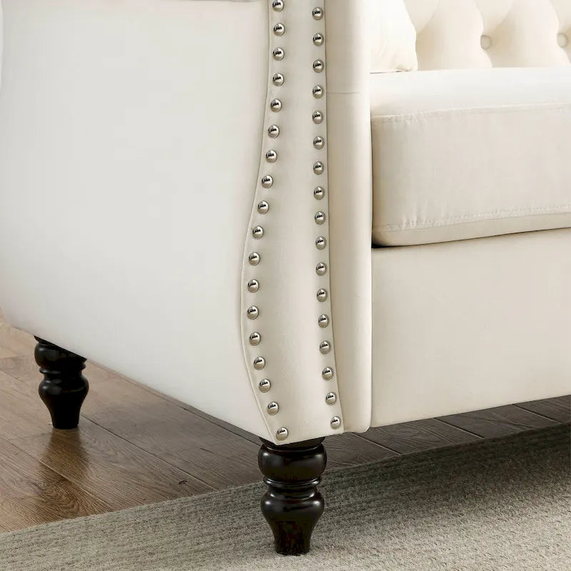 Beige Velvet Chesterfield 3 Seater Sofa with Rolled Arms, Nailhead Trim, 2 Pillows
