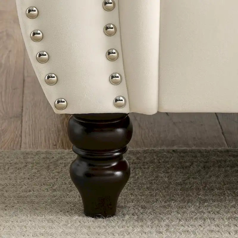 Beige Velvet Chesterfield 3 Seater Sofa with Rolled Arms, Nailhead Trim, 2 Pillows