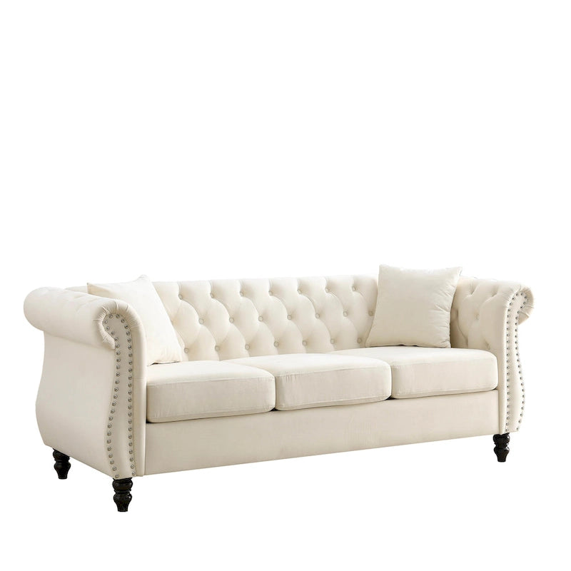 Beige Velvet Chesterfield 3 Seater Sofa with Rolled Arms, Nailhead Trim, 2 Pillows
