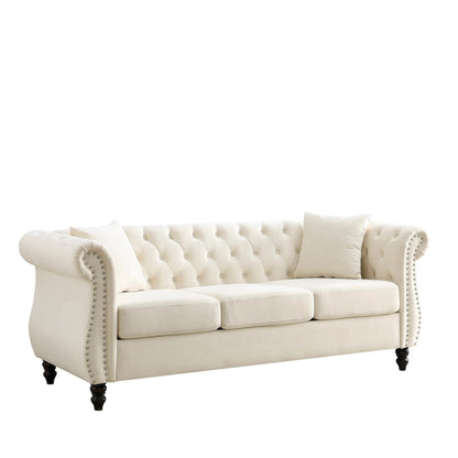 Beige Velvet Chesterfield 3 Seater Sofa with Rolled Arms, Nailhead Trim, 2 Pillows