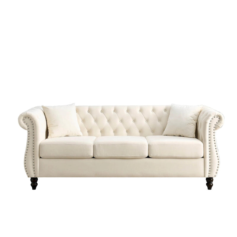 Beige Velvet Chesterfield 3 Seater Sofa with Rolled Arms, Nailhead Trim, 2 Pillows