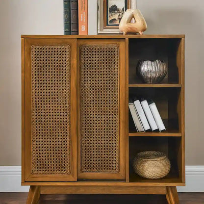 Mid Century Modern Rattan Sideboard Cabinet, Buffet Cabinet, Adjustable Shelf & Solid Wood Feet & Rattan Cabinet Doors
