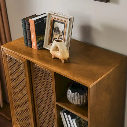 Mid Century Modern Rattan Sideboard Cabinet, Buffet Cabinet, Adjustable Shelf & Solid Wood Feet & Rattan Cabinet Doors