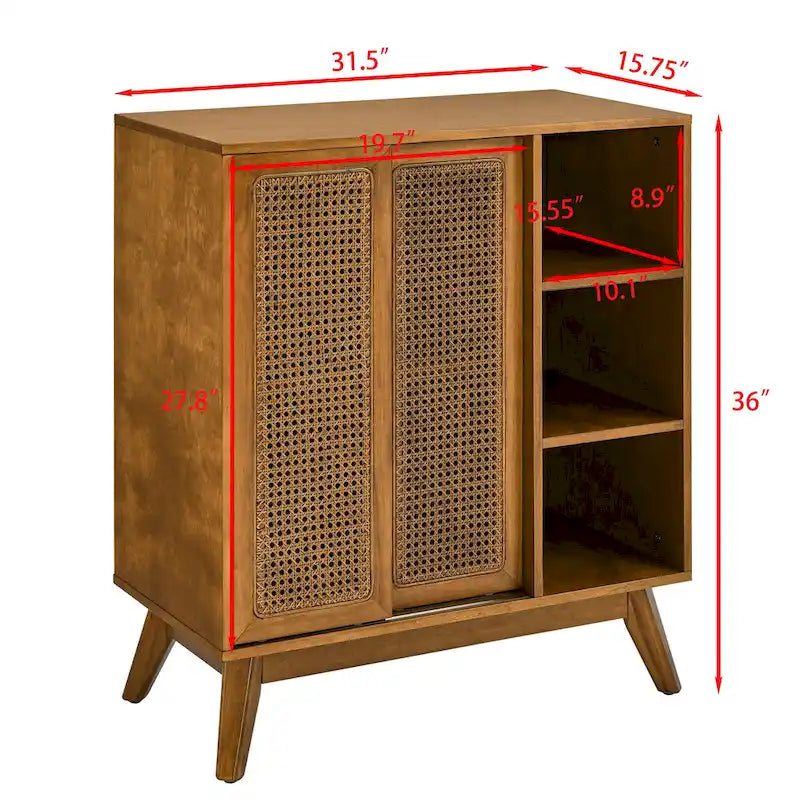 Mid Century Modern Rattan Sideboard Cabinet, Buffet Cabinet, Adjustable Shelf & Solid Wood Feet & Rattan Cabinet Doors