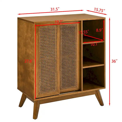 Mid Century Modern Rattan Sideboard Cabinet, Buffet Cabinet, Adjustable Shelf & Solid Wood Feet & Rattan Cabinet Doors