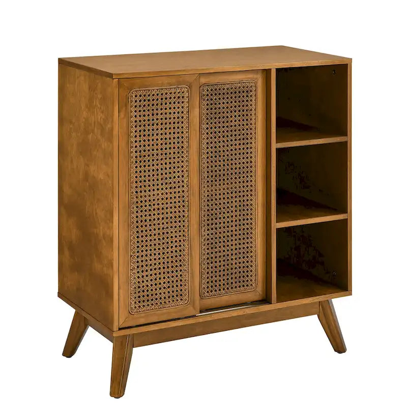 Mid Century Modern Rattan Sideboard Cabinet, Buffet Cabinet, Adjustable Shelf & Solid Wood Feet & Rattan Cabinet Doors