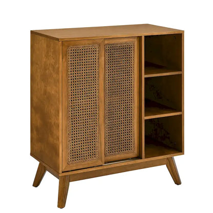 Mid Century Modern Rattan Sideboard Cabinet, Buffet Cabinet, Adjustable Shelf & Solid Wood Feet & Rattan Cabinet Doors