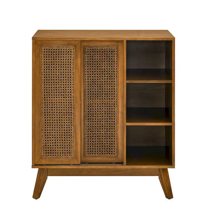 Mid Century Modern Rattan Sideboard Cabinet, Buffet Cabinet, Adjustable Shelf & Solid Wood Feet & Rattan Cabinet Doors