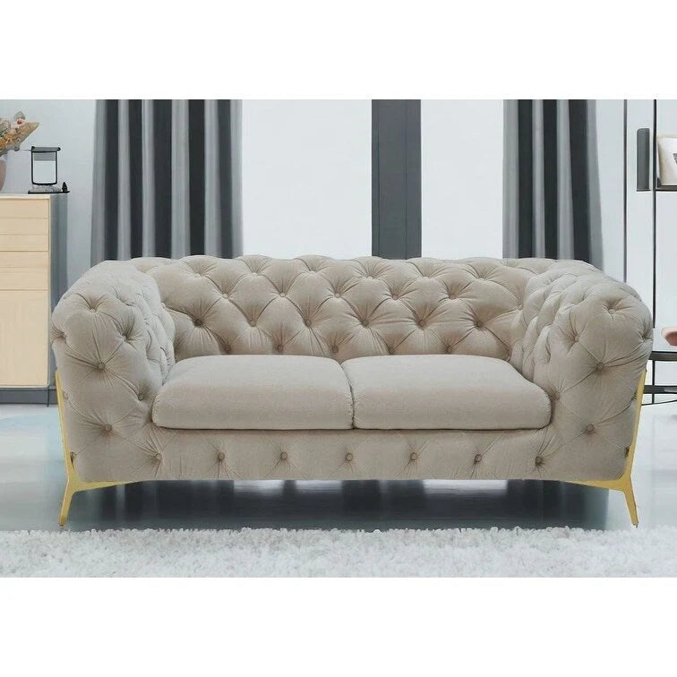 HomeRoots 74 Beige And Gold Velvet Chesterfield Loveseat
