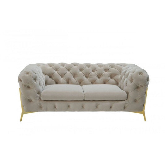 HomeRoots 74 Beige And Gold Velvet Chesterfield Loveseat