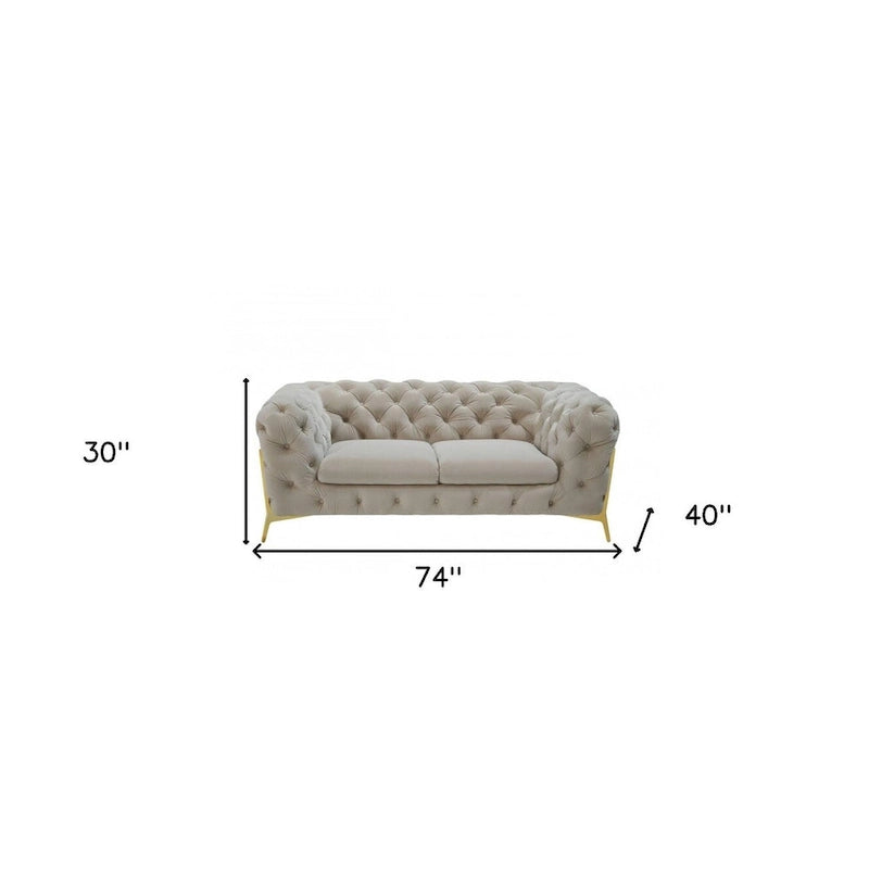 HomeRoots 74 Beige And Gold Velvet Chesterfield Loveseat