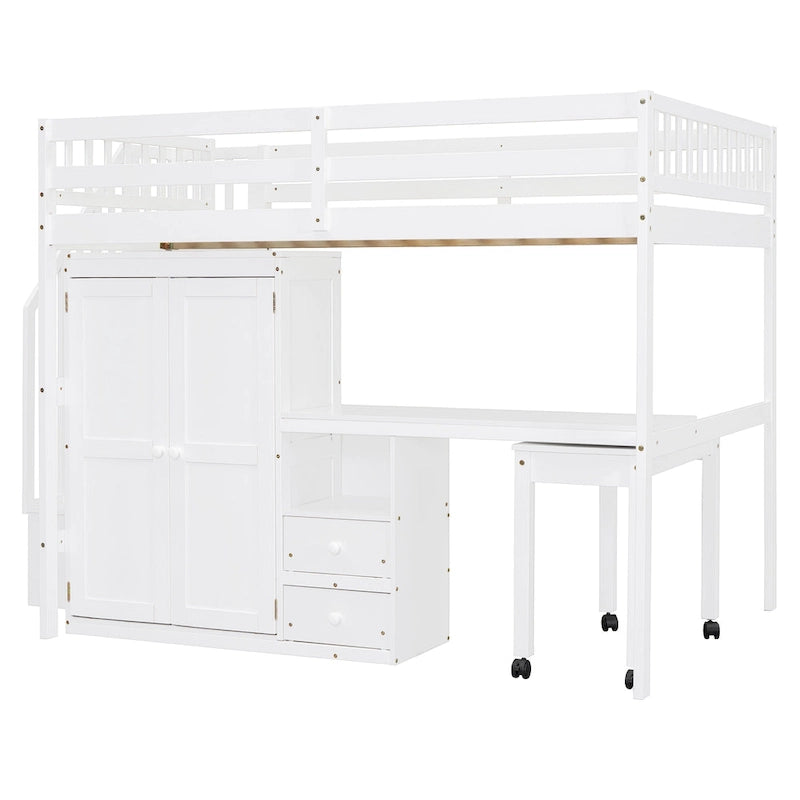 Full Size Loft Bed with Stairs, Bookshelf, Drawers, Desk & Wardrobe