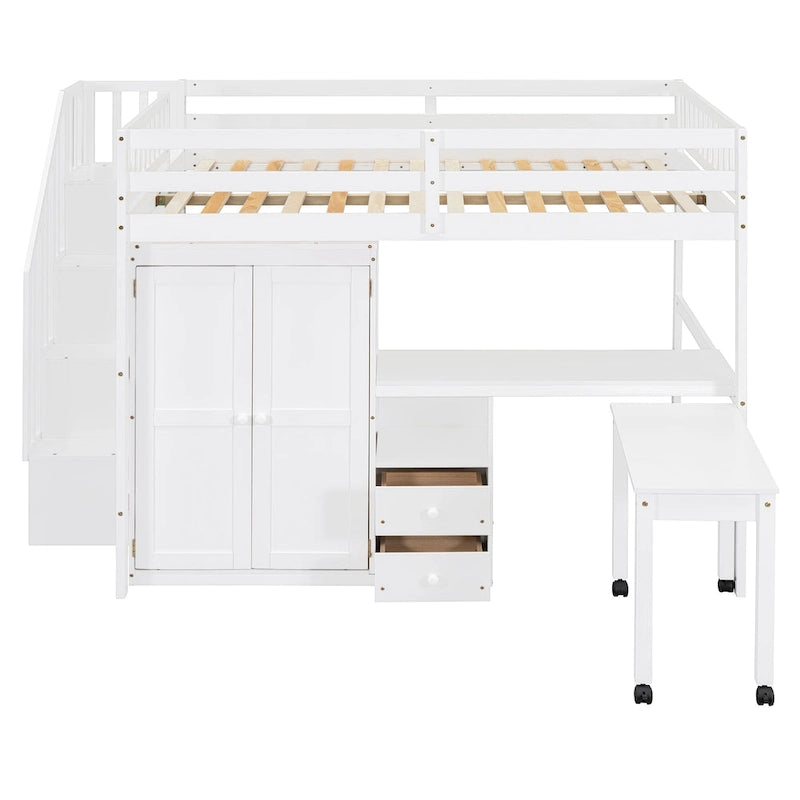 Full Size Loft Bed with Stairs, Bookshelf, Drawers, Desk & Wardrobe