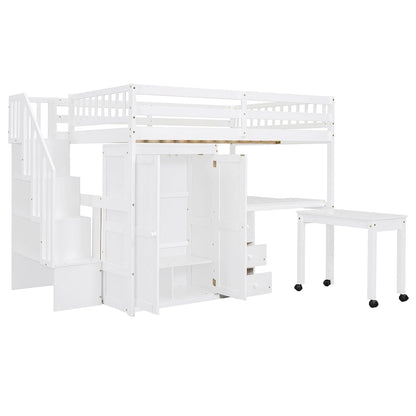 Full Size Loft Bed with Stairs, Bookshelf, Drawers, Desk & Wardrobe