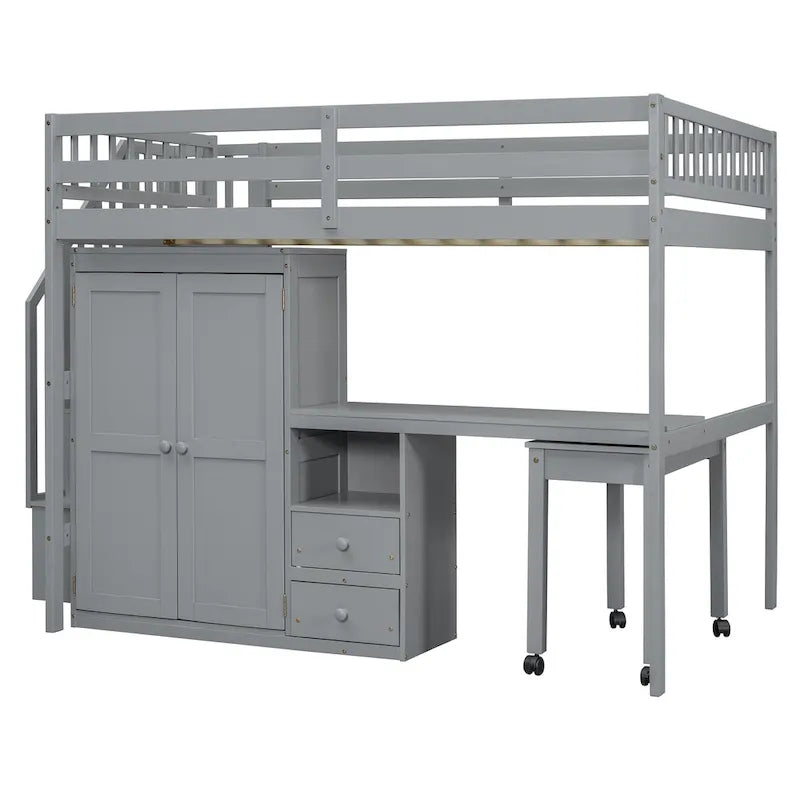 Full Size Loft Bed with Stairs, Bookshelf, Drawers, Desk & Wardrobe