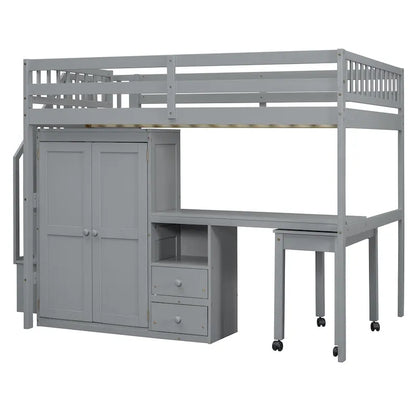 Full Size Loft Bed with Stairs, Bookshelf, Drawers, Desk & Wardrobe