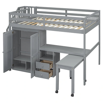 Full Size Loft Bed with Stairs, Bookshelf, Drawers, Desk & Wardrobe