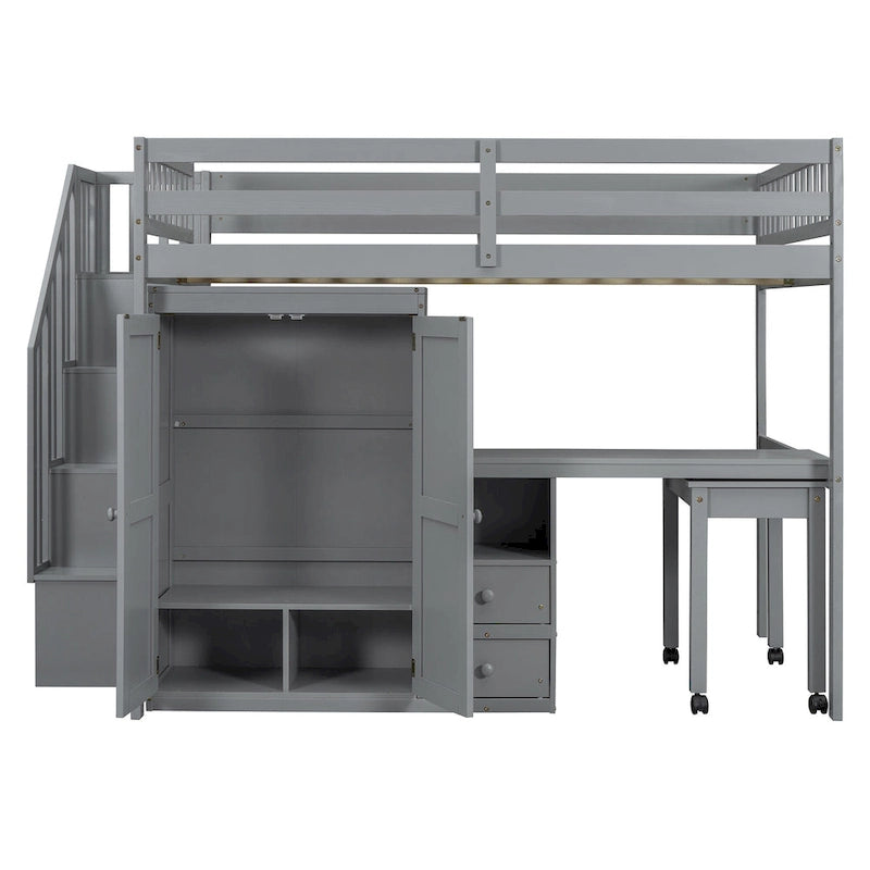 Full Size Loft Bed with Stairs, Bookshelf, Drawers, Desk & Wardrobe