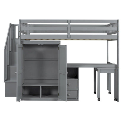 Full Size Loft Bed with Stairs, Bookshelf, Drawers, Desk & Wardrobe