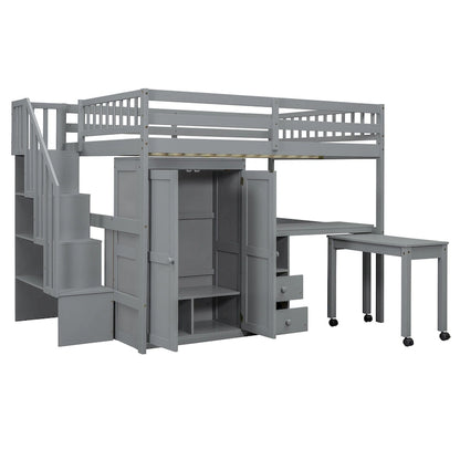 Full Size Loft Bed with Stairs, Bookshelf, Drawers, Desk & Wardrobe