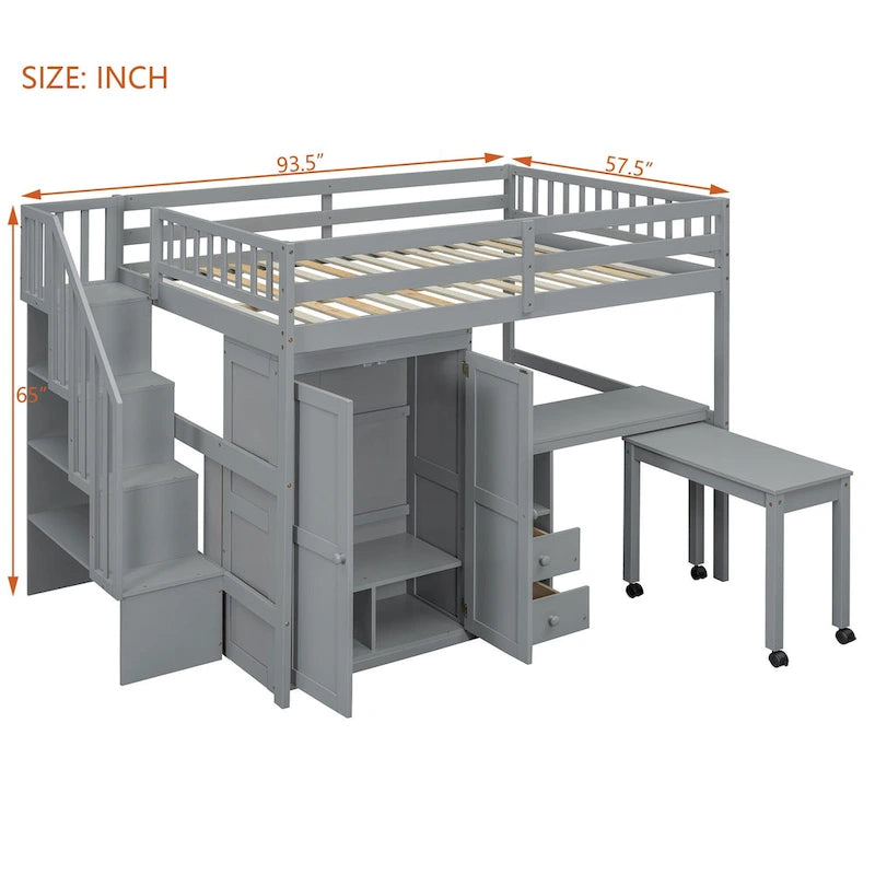 Full Size Loft Bed with Stairs, Bookshelf, Drawers, Desk & Wardrobe