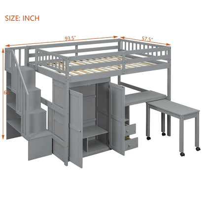 Full Size Loft Bed with Stairs, Bookshelf, Drawers, Desk & Wardrobe