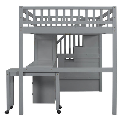 Full Size Loft Bed with Stairs, Bookshelf, Drawers, Desk & Wardrobe