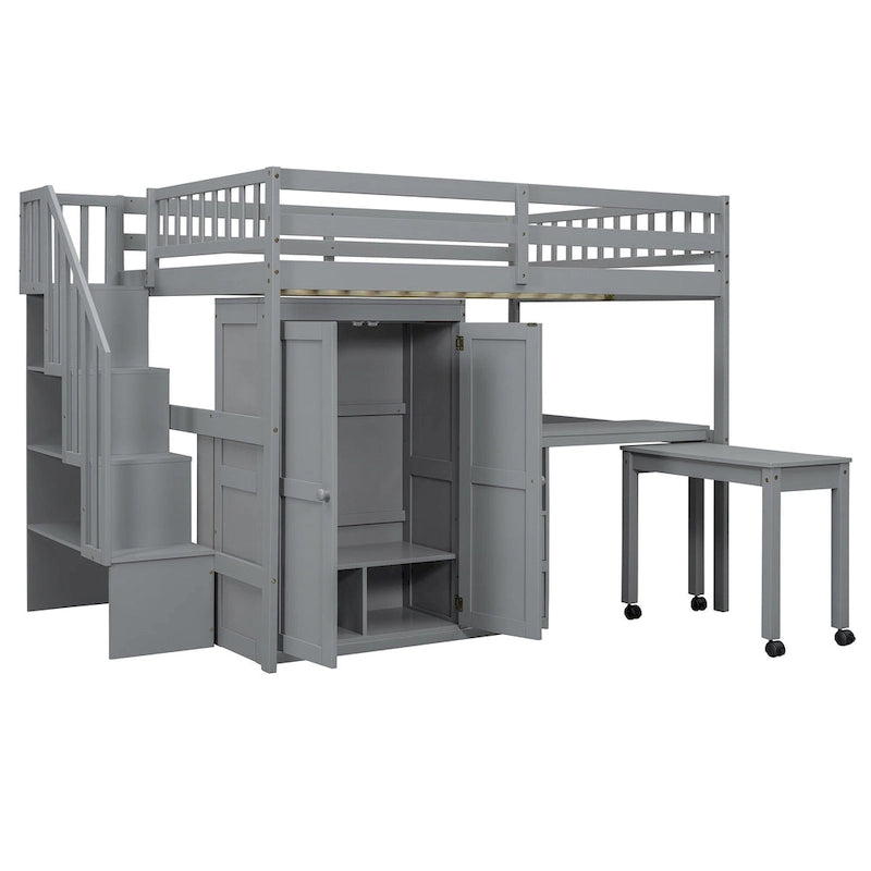 Full Size Loft Bed with Stairs, Bookshelf, Drawers, Desk & Wardrobe