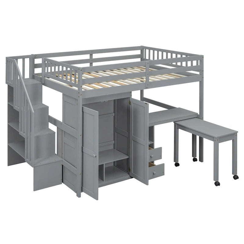 Full Size Loft Bed with Stairs, Bookshelf, Drawers, Desk & Wardrobe