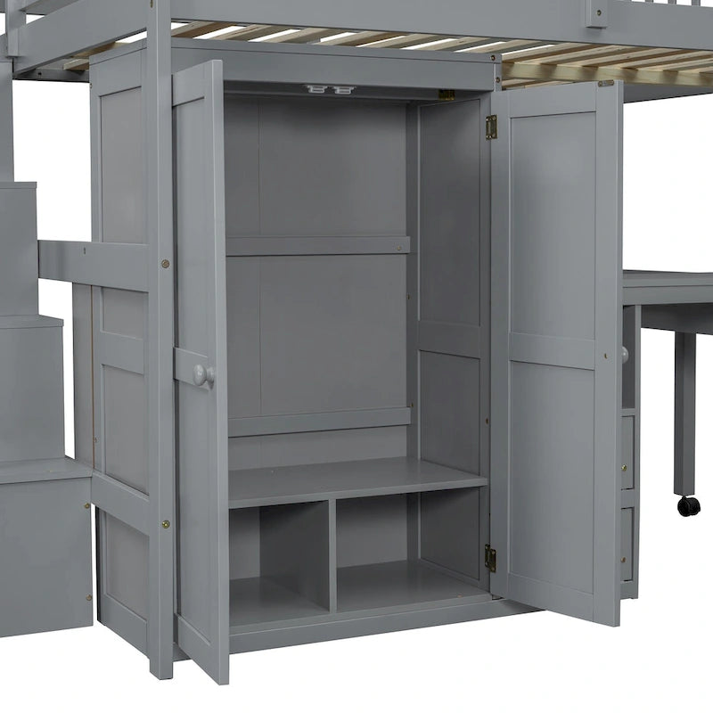 Full Size Loft Bed with Stairs, Bookshelf, Drawers, Desk & Wardrobe