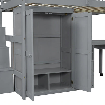 Full Size Loft Bed with Stairs, Bookshelf, Drawers, Desk & Wardrobe