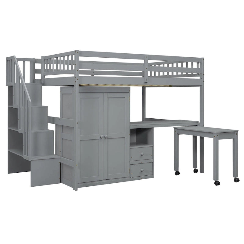 Full Size Loft Bed with Stairs, Bookshelf, Drawers, Desk & Wardrobe