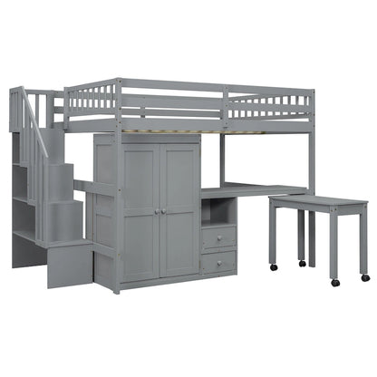 Full Size Loft Bed with Stairs, Bookshelf, Drawers, Desk & Wardrobe