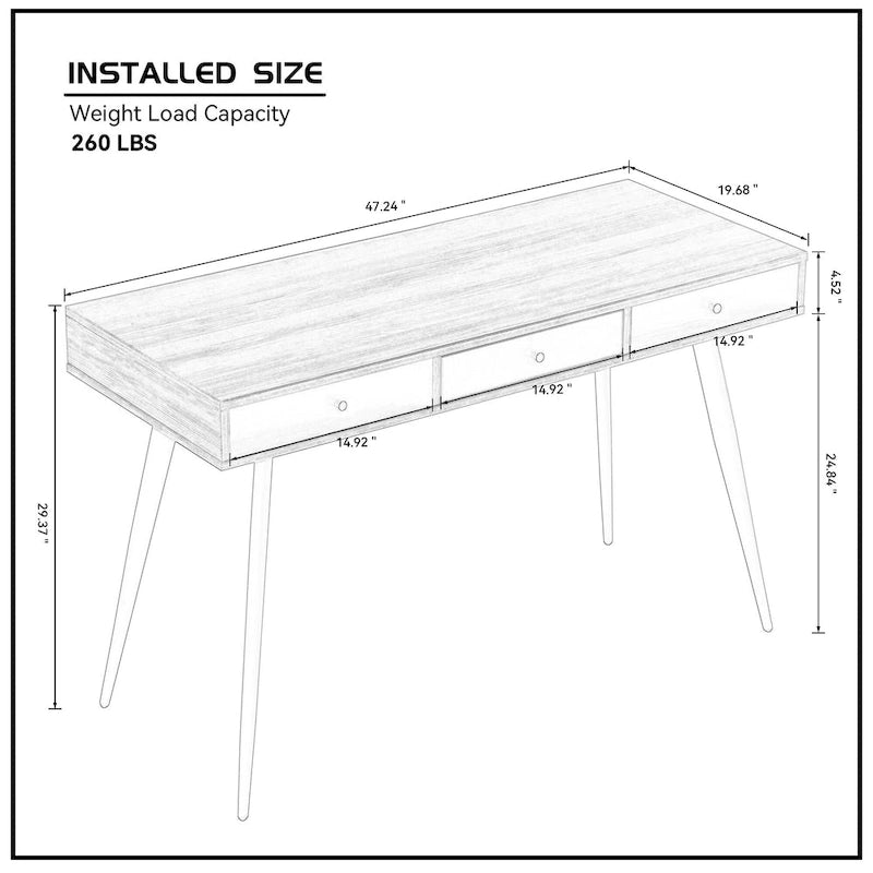 Mid Century Writing Study Desk with 3 Storage Drawers and Walnut Finish for Home Office and Bedroom or Study
