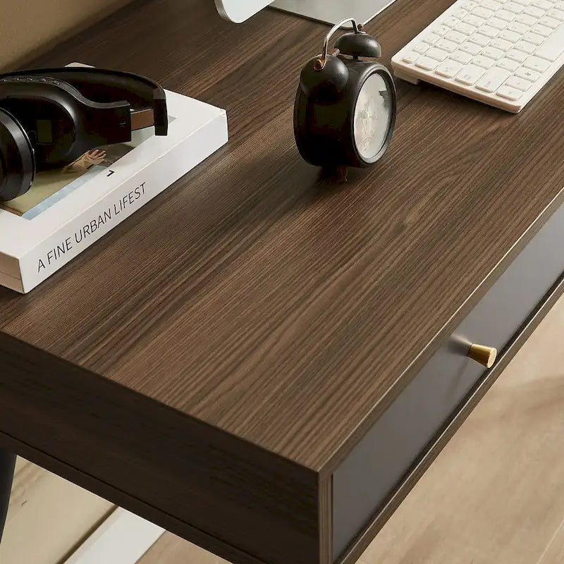 Mid Century Writing Study Desk with 3 Storage Drawers and Walnut Finish for Home Office and Bedroom or Study