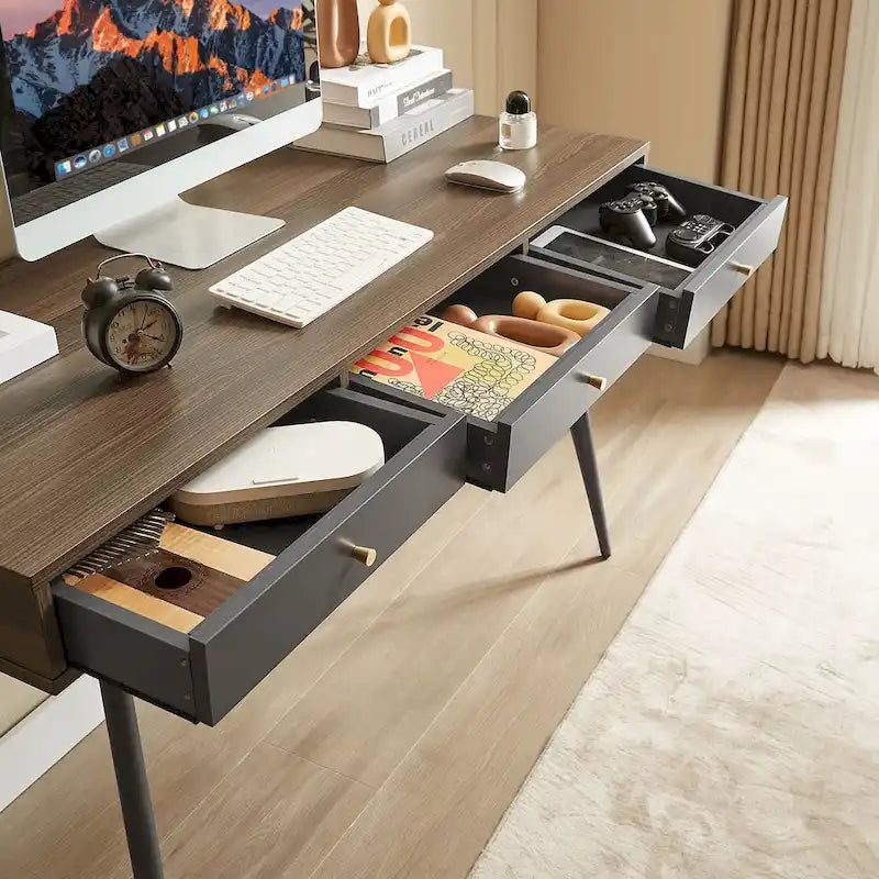 Mid Century Writing Study Desk with 3 Storage Drawers and Walnut Finish for Home Office and Bedroom or Study