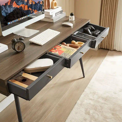 Mid Century Writing Study Desk with 3 Storage Drawers and Walnut Finish for Home Office and Bedroom or Study