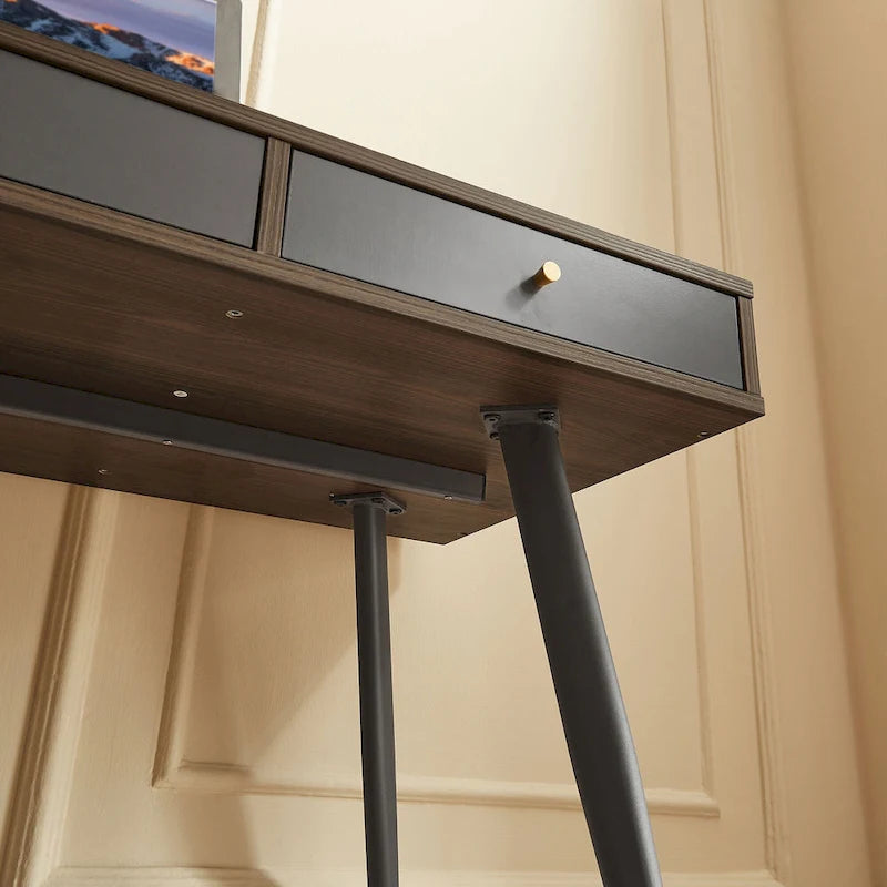 Mid Century Writing Study Desk with 3 Storage Drawers and Walnut Finish for Home Office and Bedroom or Study