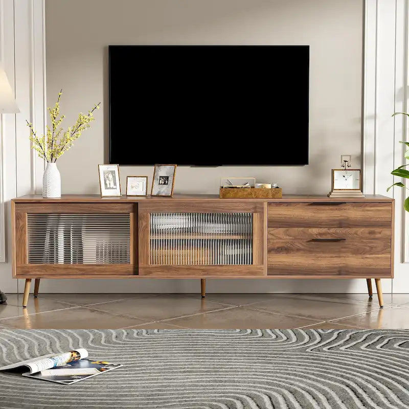 Modern TV Stand for 75+ TV, TV Console with 2 Glass Doors, Entertainment Center with 2 Drawers & Storage Cabinet