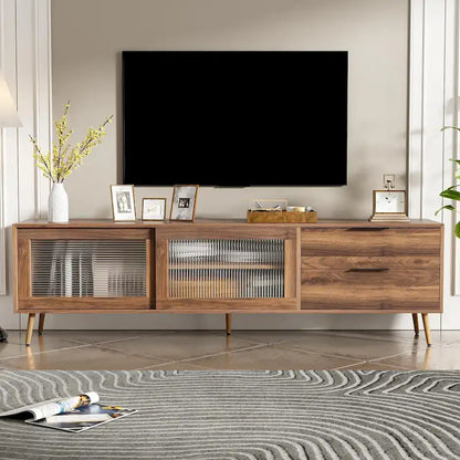 Modern TV Stand for 75+ TV, TV Console with 2 Glass Doors, Entertainment Center with 2 Drawers & Storage Cabinet
